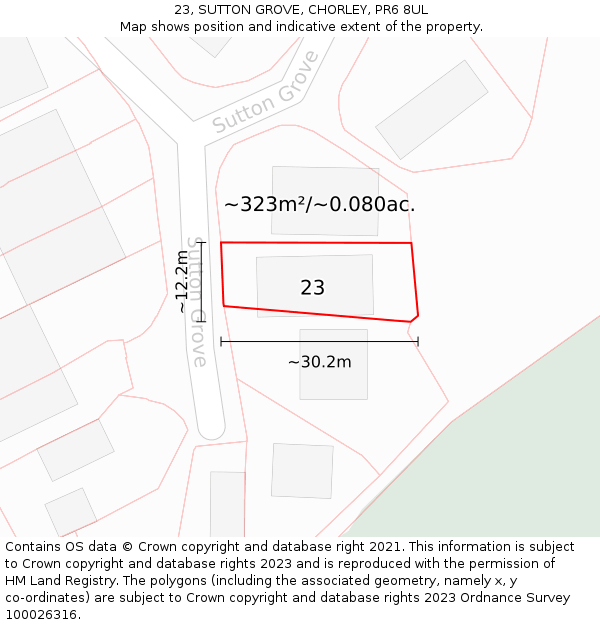 23, SUTTON GROVE, CHORLEY, PR6 8UL: Plot and title map