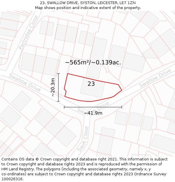 23, SWALLOW DRIVE, SYSTON, LEICESTER, LE7 1ZN: Plot and title map