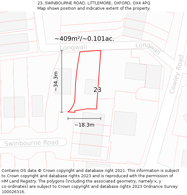 23, SWINBOURNE ROAD, LITTLEMORE, OXFORD, OX4 4PQ: Plot and title map