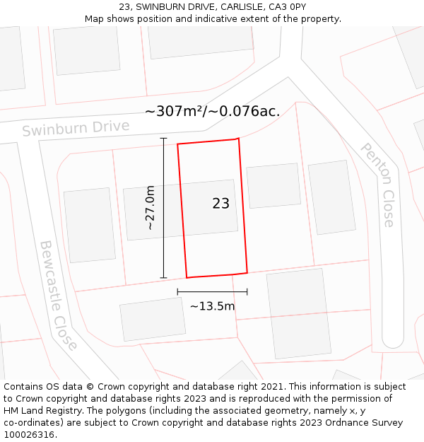 23, SWINBURN DRIVE, CARLISLE, CA3 0PY: Plot and title map