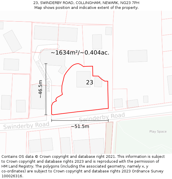 23, SWINDERBY ROAD, COLLINGHAM, NEWARK, NG23 7PH: Plot and title map