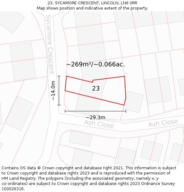 23, SYCAMORE CRESCENT, LINCOLN, LN6 0RR: Plot and title map