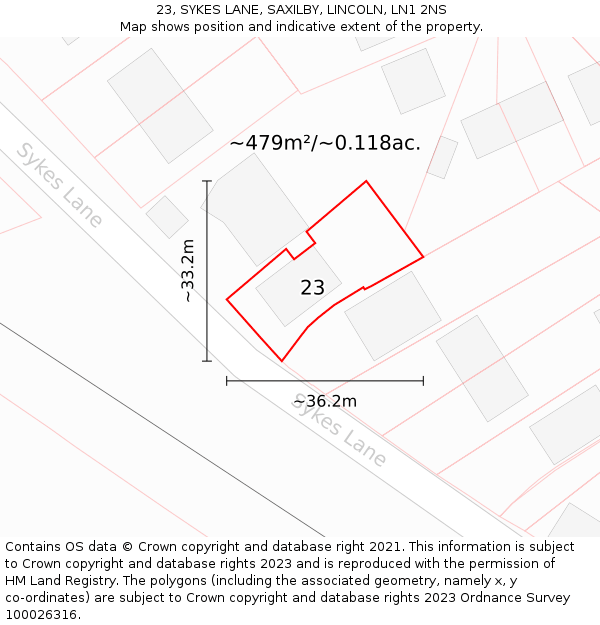 23, SYKES LANE, SAXILBY, LINCOLN, LN1 2NS: Plot and title map