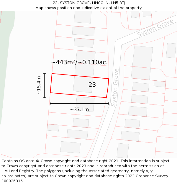 23, SYSTON GROVE, LINCOLN, LN5 8TJ: Plot and title map