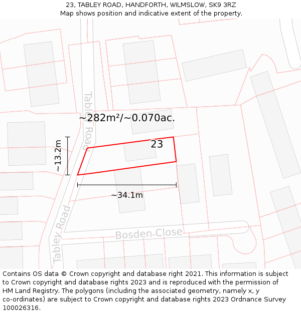 23, TABLEY ROAD, HANDFORTH, WILMSLOW, SK9 3RZ: Plot and title map