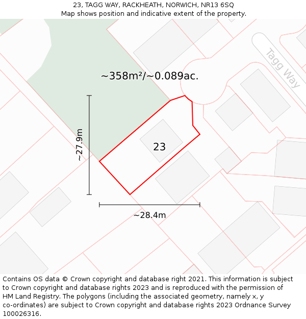 23, TAGG WAY, RACKHEATH, NORWICH, NR13 6SQ: Plot and title map