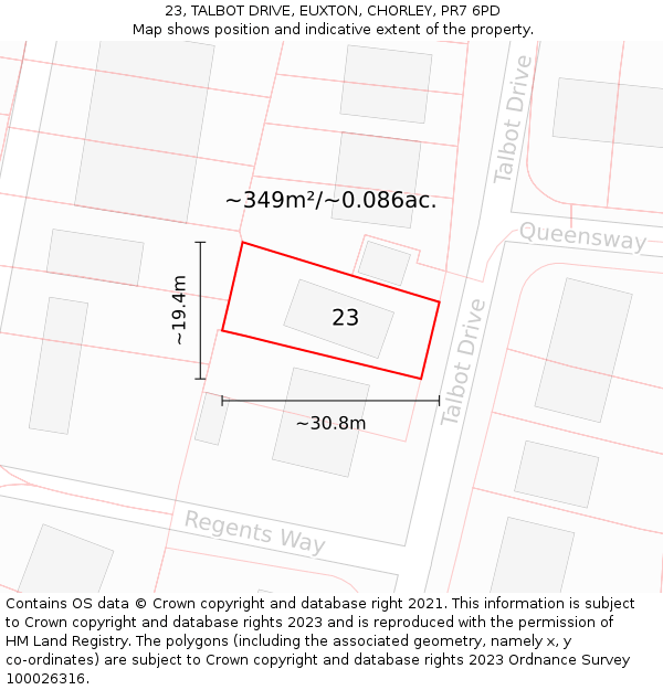 23, TALBOT DRIVE, EUXTON, CHORLEY, PR7 6PD: Plot and title map