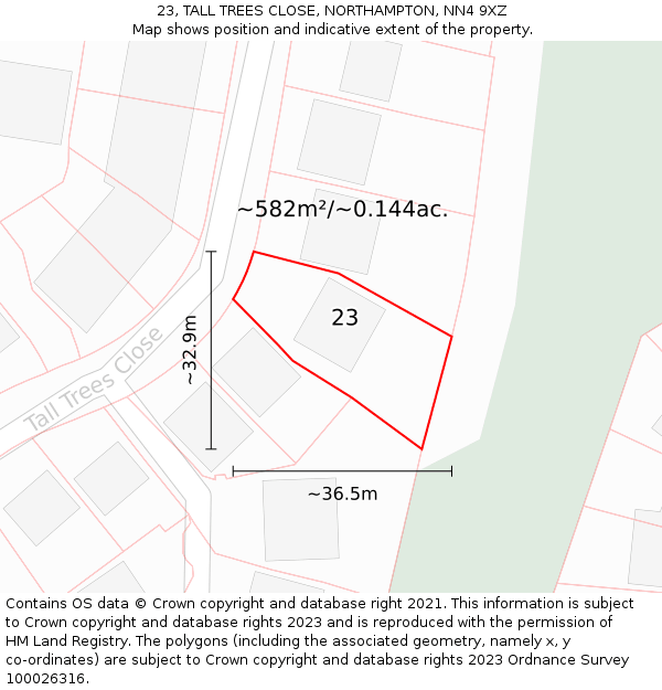 23, TALL TREES CLOSE, NORTHAMPTON, NN4 9XZ: Plot and title map