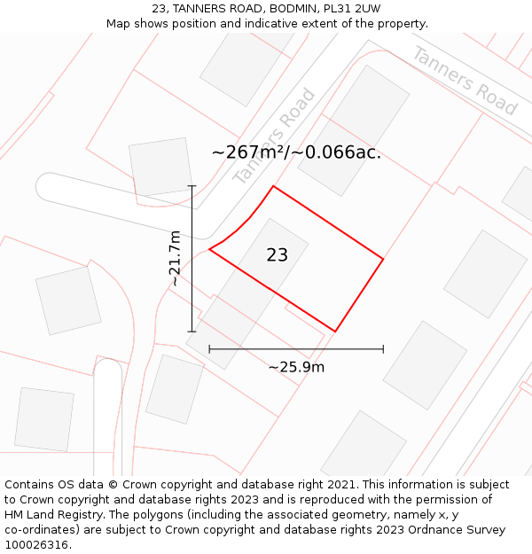 23, TANNERS ROAD, BODMIN, PL31 2UW: Plot and title map