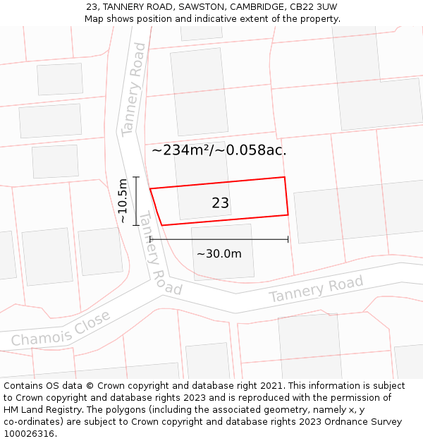 23, TANNERY ROAD, SAWSTON, CAMBRIDGE, CB22 3UW: Plot and title map