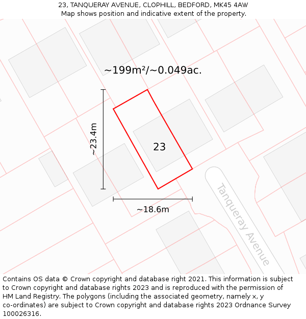 23, TANQUERAY AVENUE, CLOPHILL, BEDFORD, MK45 4AW: Plot and title map