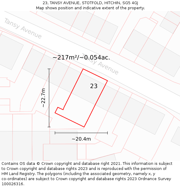 23, TANSY AVENUE, STOTFOLD, HITCHIN, SG5 4GJ: Plot and title map