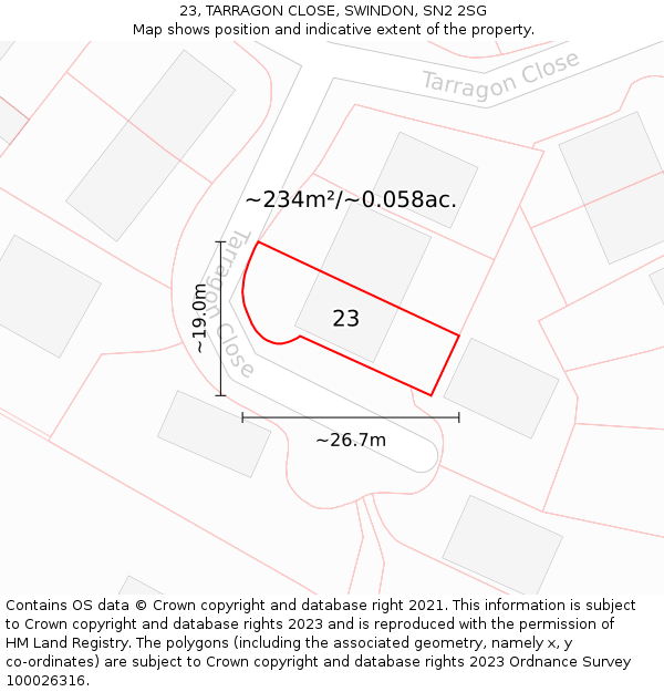 23, TARRAGON CLOSE, SWINDON, SN2 2SG: Plot and title map