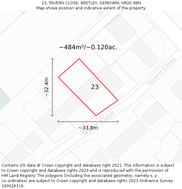 23, TAVERN CLOSE, BEETLEY, DEREHAM, NR20 4BN: Plot and title map
