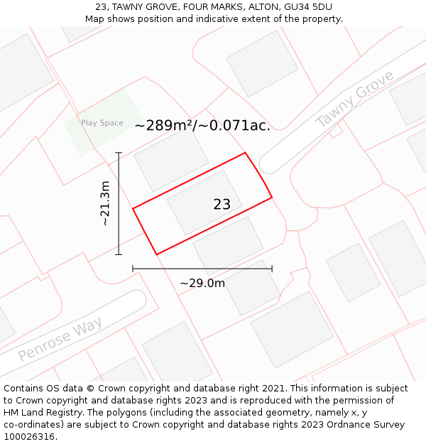23, TAWNY GROVE, FOUR MARKS, ALTON, GU34 5DU: Plot and title map