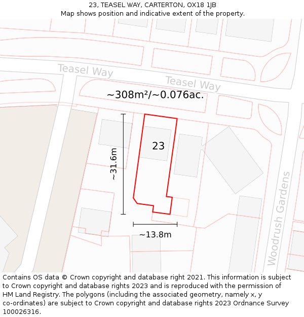 23, TEASEL WAY, CARTERTON, OX18 1JB: Plot and title map