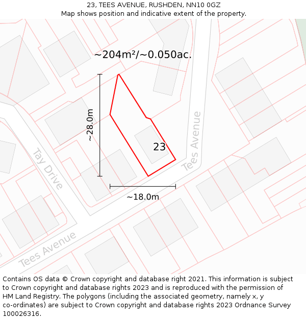 23, TEES AVENUE, RUSHDEN, NN10 0GZ: Plot and title map