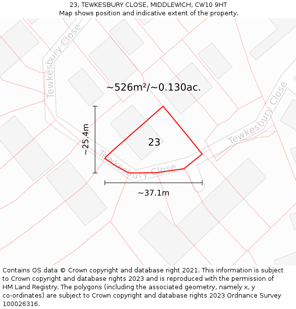 23, TEWKESBURY CLOSE, MIDDLEWICH, CW10 9HT: Plot and title map
