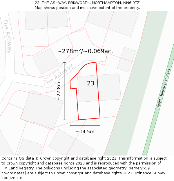 23, THE ASHWAY, BRIXWORTH, NORTHAMPTON, NN6 9TZ: Plot and title map