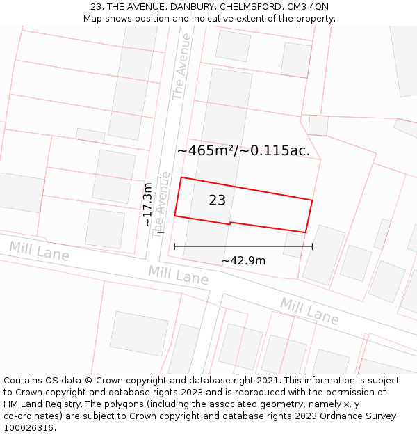 23, THE AVENUE, DANBURY, CHELMSFORD, CM3 4QN: Plot and title map