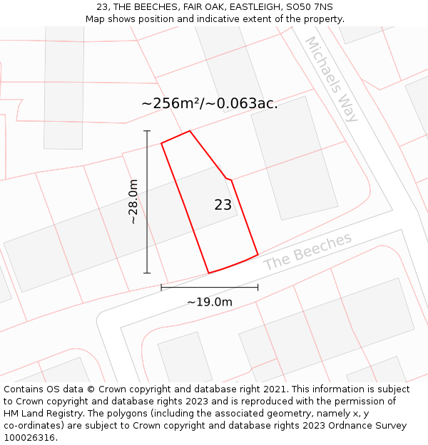 23, THE BEECHES, FAIR OAK, EASTLEIGH, SO50 7NS: Plot and title map