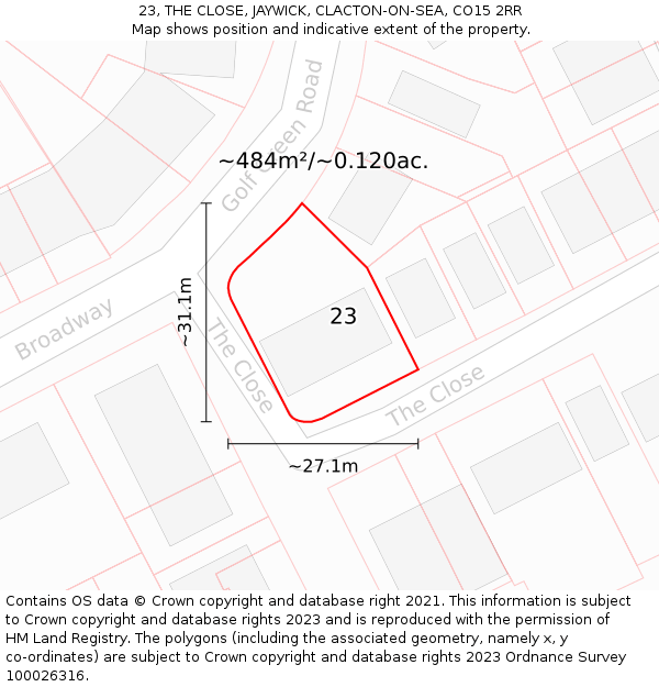 23, THE CLOSE, JAYWICK, CLACTON-ON-SEA, CO15 2RR: Plot and title map