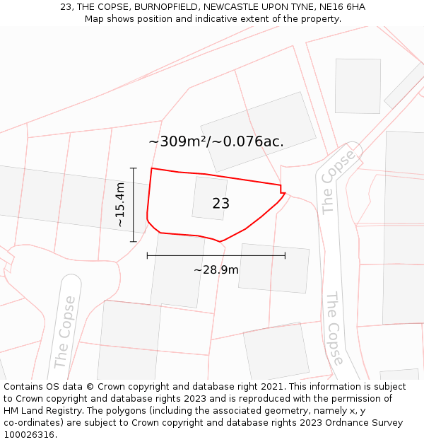 23, THE COPSE, BURNOPFIELD, NEWCASTLE UPON TYNE, NE16 6HA: Plot and title map