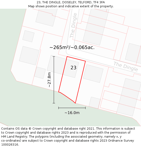 23, THE DINGLE, DOSELEY, TELFORD, TF4 3FA: Plot and title map