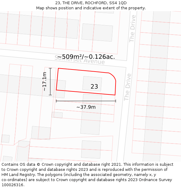 23, THE DRIVE, ROCHFORD, SS4 1QD: Plot and title map