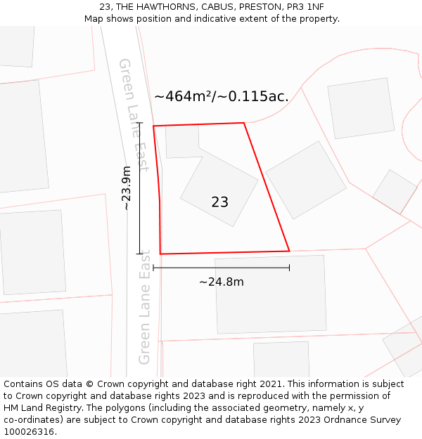 23, THE HAWTHORNS, CABUS, PRESTON, PR3 1NF: Plot and title map