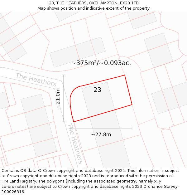23, THE HEATHERS, OKEHAMPTON, EX20 1TB: Plot and title map