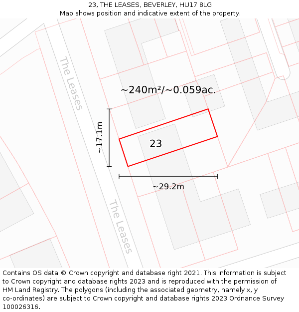 23, THE LEASES, BEVERLEY, HU17 8LG: Plot and title map