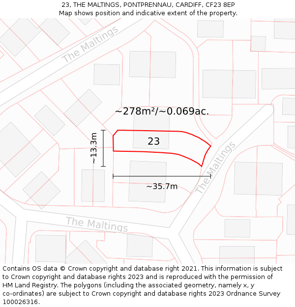 23, THE MALTINGS, PONTPRENNAU, CARDIFF, CF23 8EP: Plot and title map