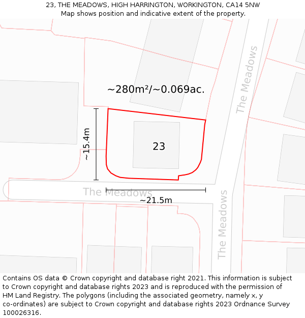 23, THE MEADOWS, HIGH HARRINGTON, WORKINGTON, CA14 5NW: Plot and title map