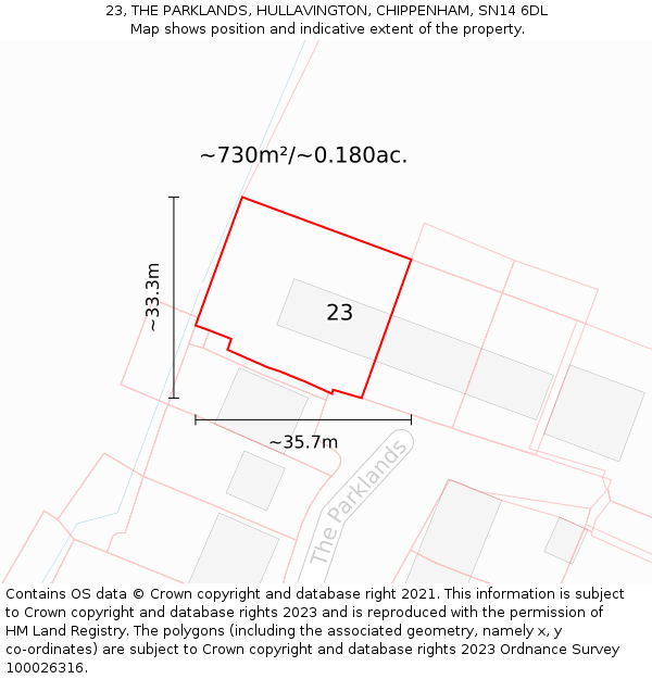 23, THE PARKLANDS, HULLAVINGTON, CHIPPENHAM, SN14 6DL: Plot and title map