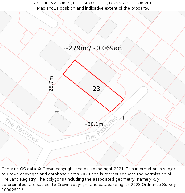 23, THE PASTURES, EDLESBOROUGH, DUNSTABLE, LU6 2HL: Plot and title map
