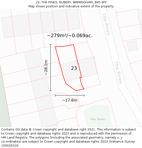 23, THE PINES, RUBERY, BIRMINGHAM, B45 9FF: Plot and title map