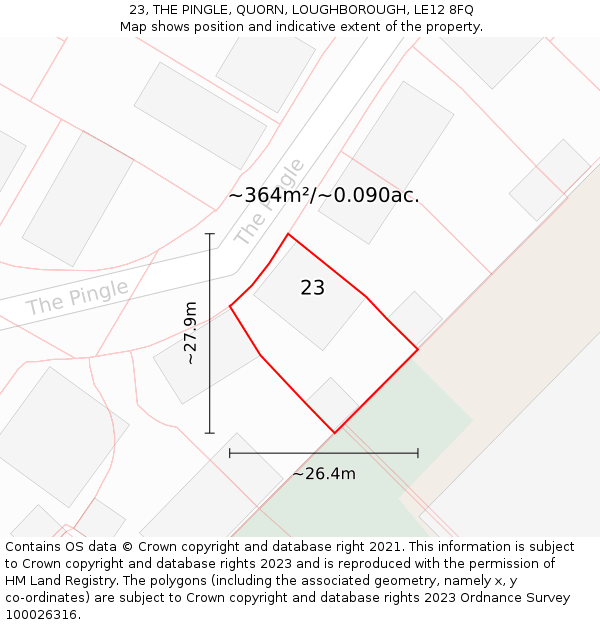 23, THE PINGLE, QUORN, LOUGHBOROUGH, LE12 8FQ: Plot and title map