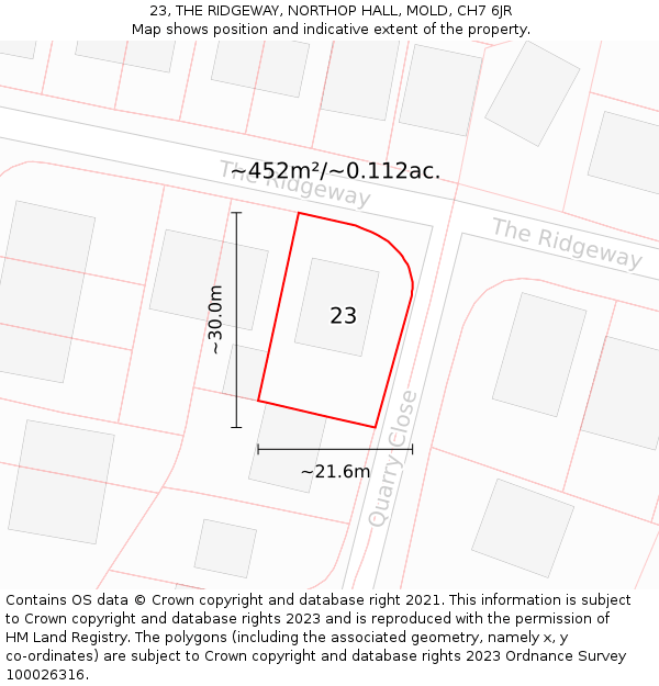 23, THE RIDGEWAY, NORTHOP HALL, MOLD, CH7 6JR: Plot and title map