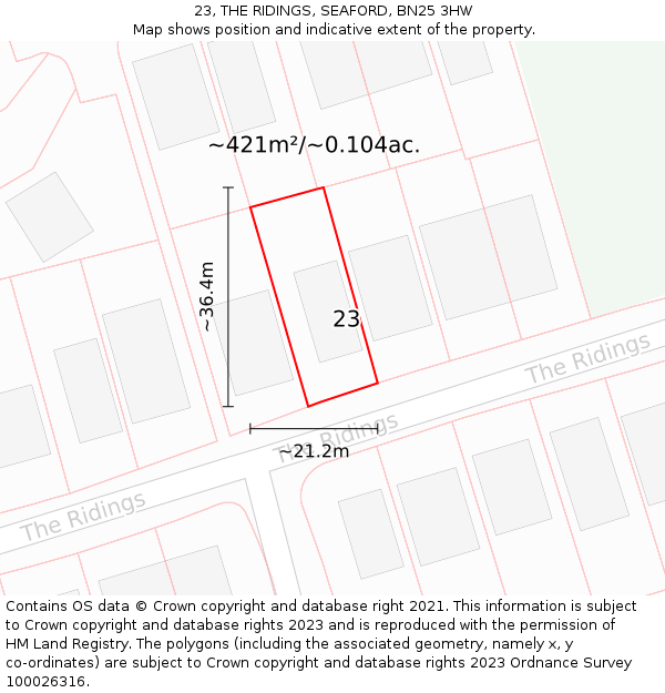 23, THE RIDINGS, SEAFORD, BN25 3HW: Plot and title map