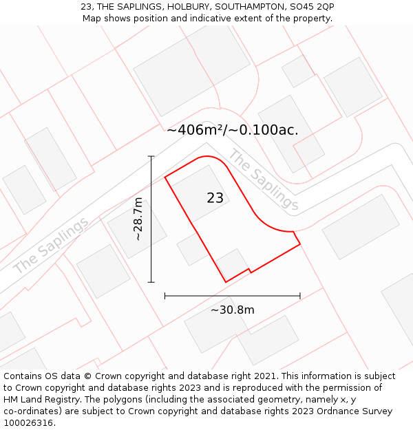23, THE SAPLINGS, HOLBURY, SOUTHAMPTON, SO45 2QP: Plot and title map
