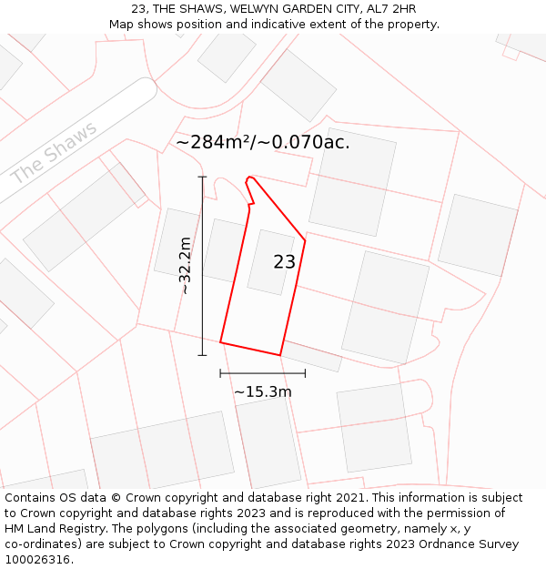 23, THE SHAWS, WELWYN GARDEN CITY, AL7 2HR: Plot and title map