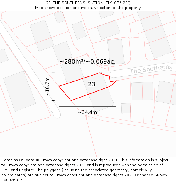 23, THE SOUTHERNS, SUTTON, ELY, CB6 2PQ: Plot and title map