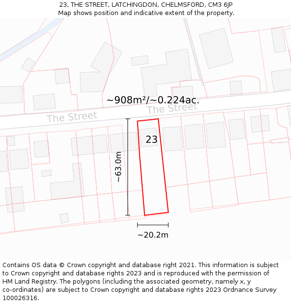 23, THE STREET, LATCHINGDON, CHELMSFORD, CM3 6JP: Plot and title map