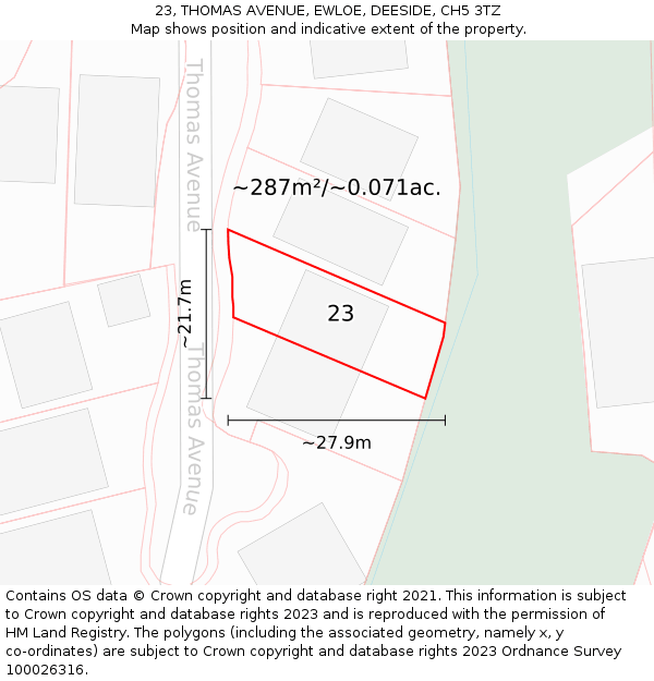 23, THOMAS AVENUE, EWLOE, DEESIDE, CH5 3TZ: Plot and title map