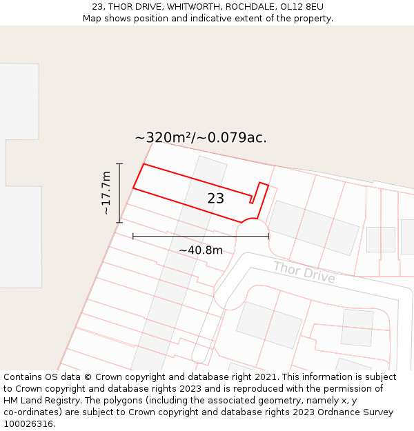 23, THOR DRIVE, WHITWORTH, ROCHDALE, OL12 8EU: Plot and title map