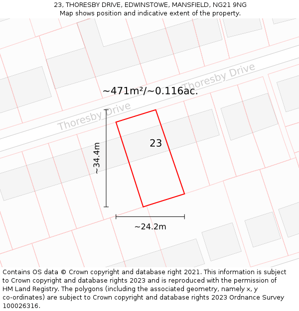 23, THORESBY DRIVE, EDWINSTOWE, MANSFIELD, NG21 9NG: Plot and title map