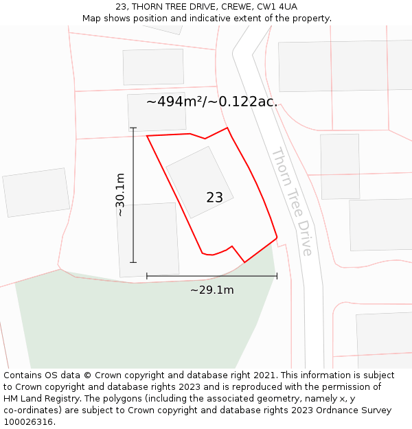 23, THORN TREE DRIVE, CREWE, CW1 4UA: Plot and title map