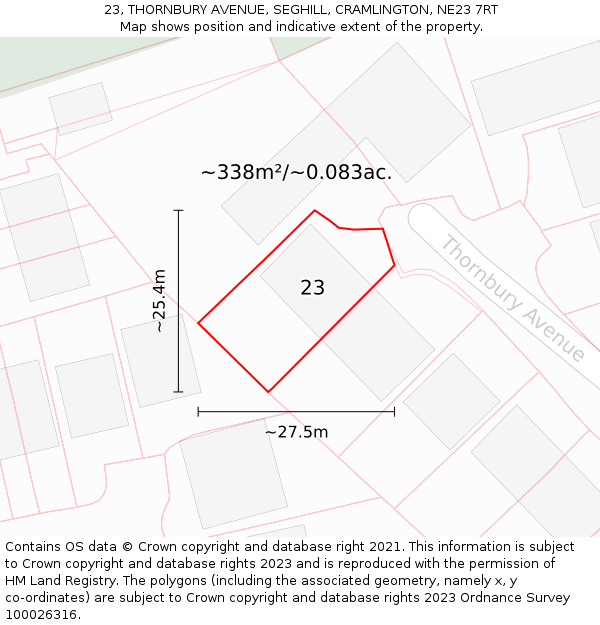 23, THORNBURY AVENUE, SEGHILL, CRAMLINGTON, NE23 7RT: Plot and title map