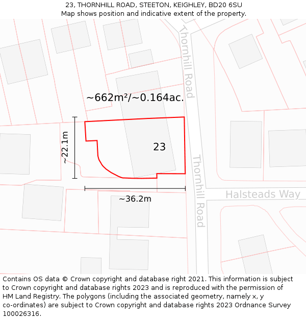 23, THORNHILL ROAD, STEETON, KEIGHLEY, BD20 6SU: Plot and title map